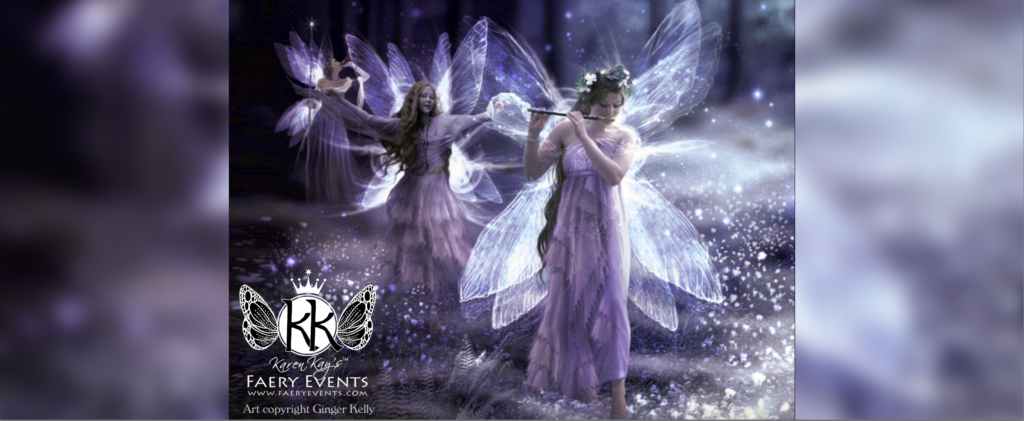 Promotional poster of purple-winged fairies in a magical purple scene, advertising Faery Events by Karen Kay (logo bottom left).